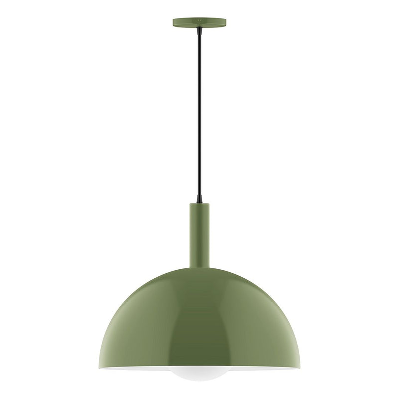 Fern green pendant light with glass globe, straight metal stem, and flat canopy