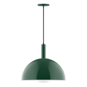 Forest green pendant light with glass dome globe and straight metal stem