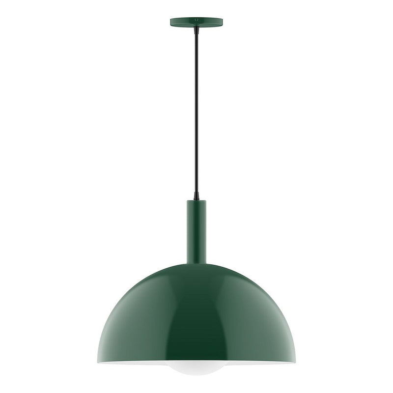 Forest green pendant light with glass dome globe and straight metal stem