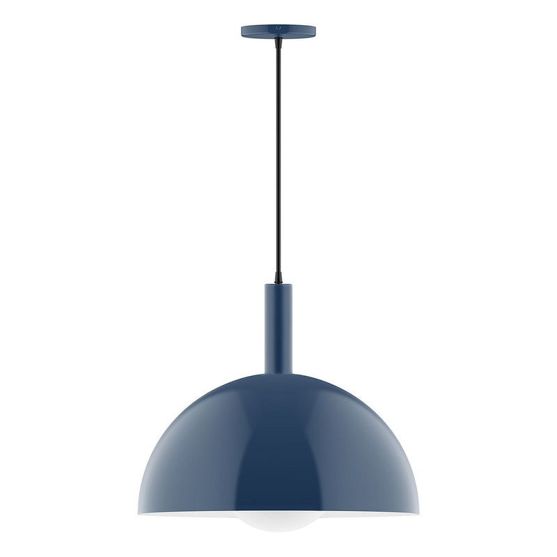 Navy pendant light with glass globe shade and hanging rod