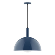 Navy glass globe pendant light with dark metal stem and wide dome shade