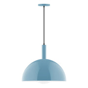 Light blue glass globe pendant with slim rod and ceiling canopy