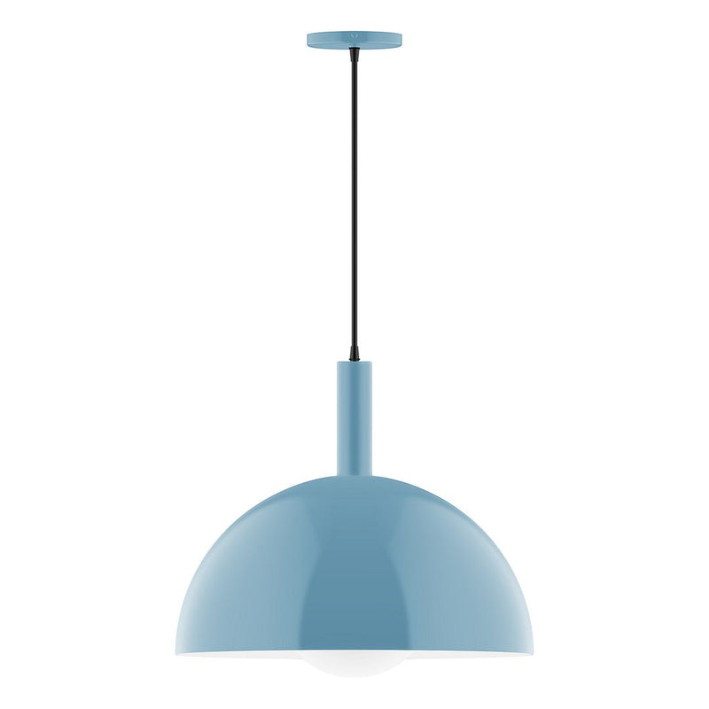 Light blue glass globe pendant with slim rod and ceiling canopy
