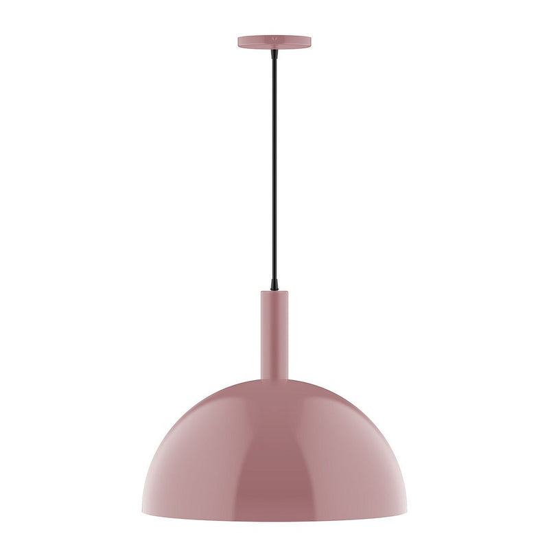 Mauve dome pendant light with black cord and cylindrical ceiling canopy