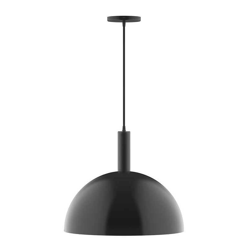 Black dome pendant light with straight cord and round ceiling canopy