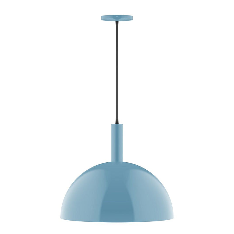 Light blue dome pendant ceiling light with black cord and matching top cap.