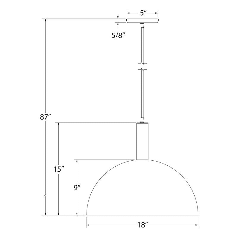 Ray pendant size diagram: 18 in dome shade, 87 in drop, 15 in height