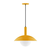 Bright yellow pendant light with glass globe shade and hanging cord