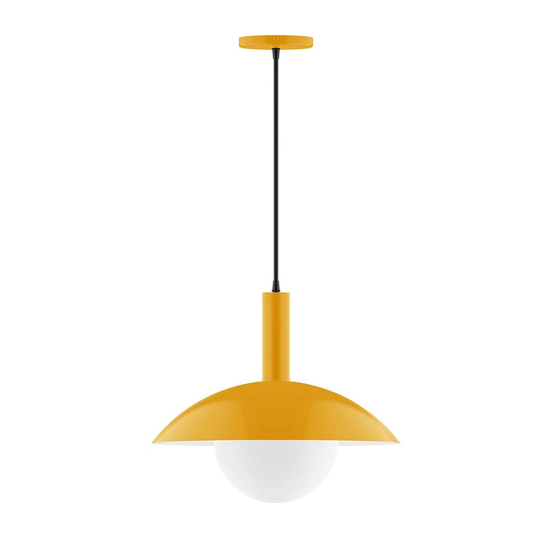 Bright yellow pendant light with glass globe shade and hanging cord