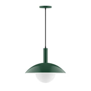Forest green pendant light with frosted glass globe and hanging cord