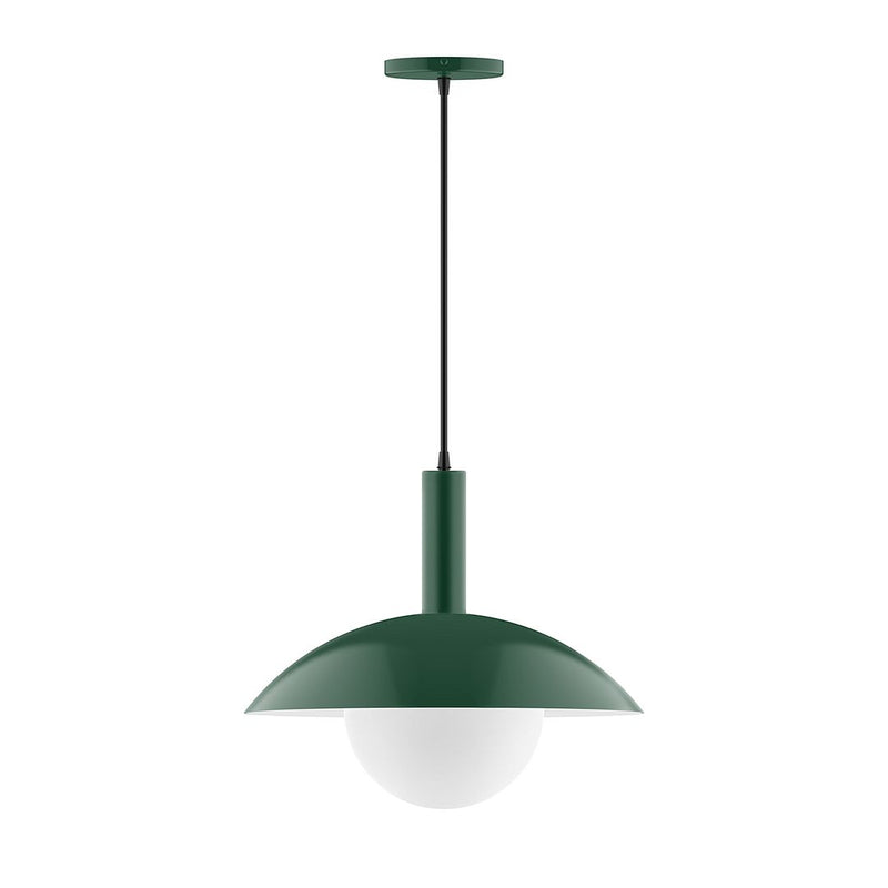 Forest green pendant light with frosted glass globe and hanging cord