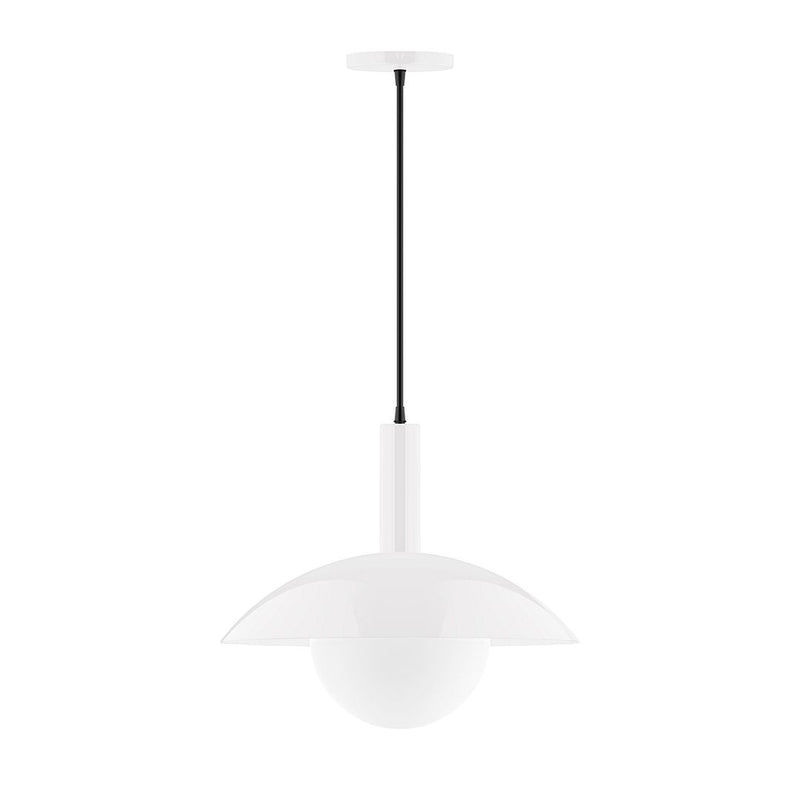 Glass globe pendant light with frosted white globe and white socket, black cord