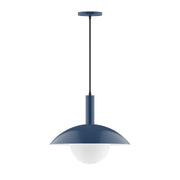 Navy pendant light with frosted glass globe and dome shade on hanging cord