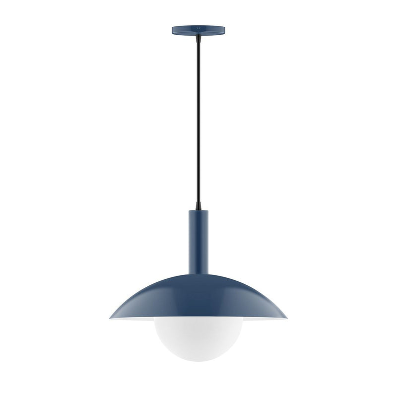 Navy pendant light with frosted glass globe and dome shade on hanging cord