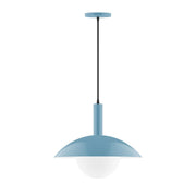 Light blue glass globe pendant light with black cord and ceiling cap