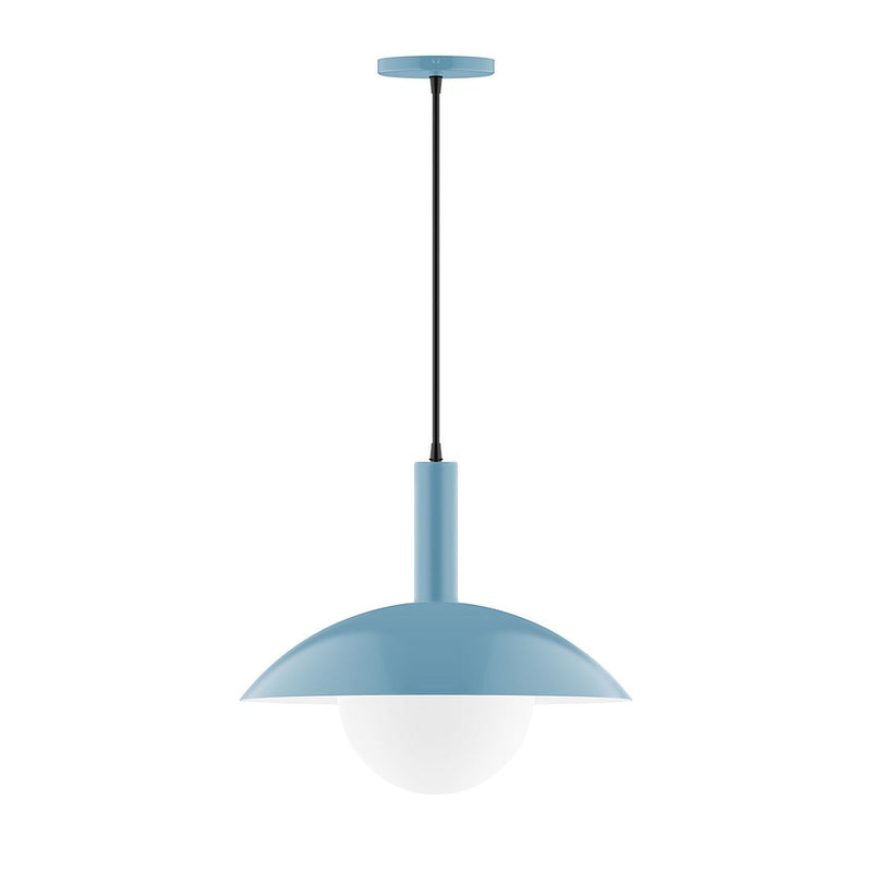 Light blue glass globe pendant with curved metal shade and hanging cord