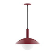 Pendant light with barn red dome shade and frosted glass globe