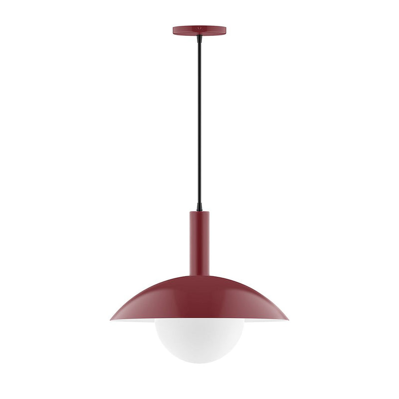 Pendant light with barn red dome shade and frosted glass globe
