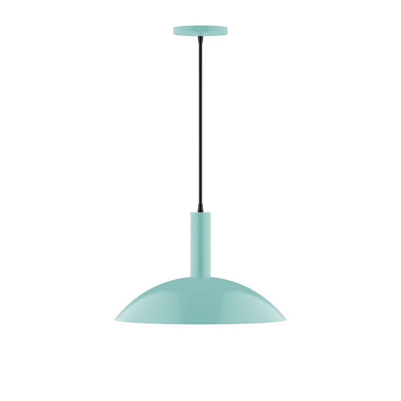 Sea green LED pendant with dome shade and black cord, 16 in wide
