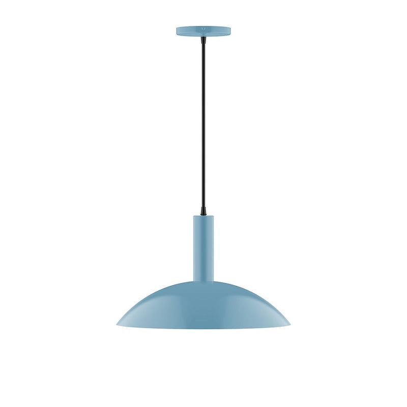 Light blue LED pendant light with dome shade and hanging cord, 16-inch length