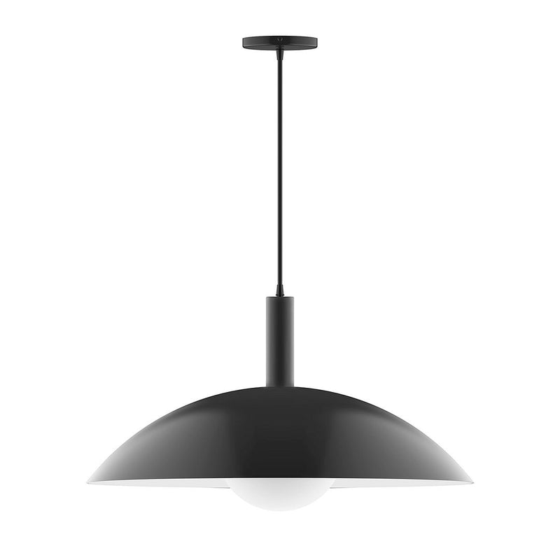 Black pendant light with dome shade, clear glass globe, and straight hanging stem