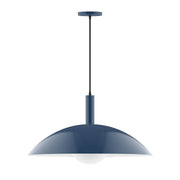 Navy pendant light with glass globe and dome shade, hanging cord and round canopy.