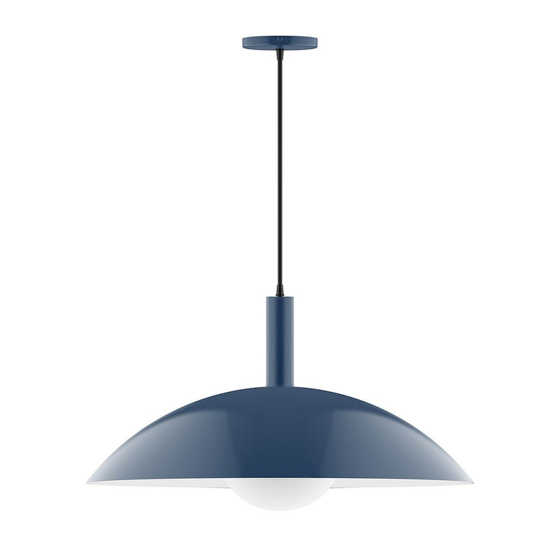 Navy pendant light with glass globe and dome shade, hanging cord and round canopy.