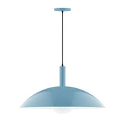 Light blue glass globe pendant with metal stem and dome shade