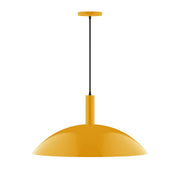 Bright yellow dome pendant light with black cord and stem, 24-inch shade