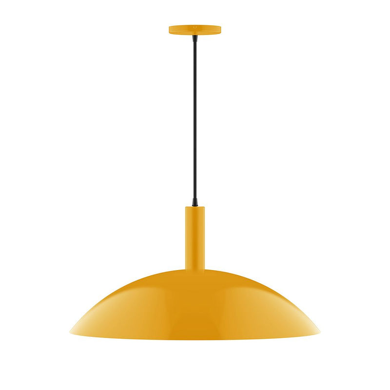 Bright yellow dome pendant light with black cord and stem, 24-inch shade