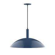 Navy LED pendant light with round dome shade and black stem, 24-inch
