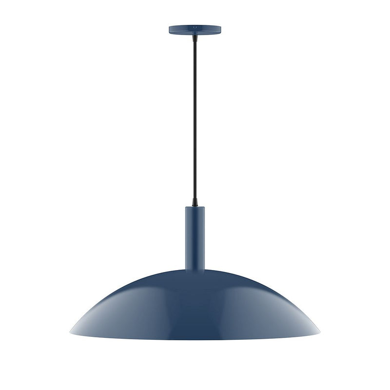 Navy LED pendant light with round dome shade and black stem, 24-inch