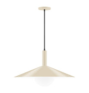 Cream fabric pendant shade with glass globe light and black cord, 24-inch drop