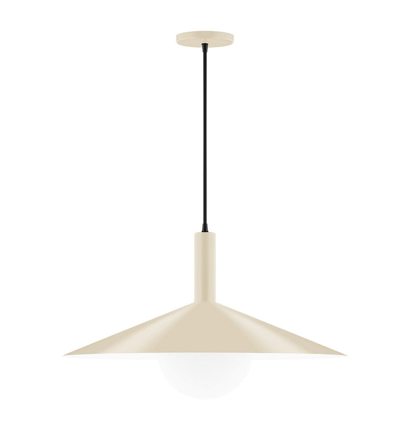 Cream fabric pendant shade with glass globe light and black cord, 24-inch drop