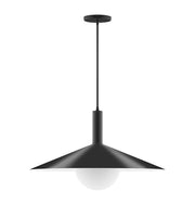 Black pendant light with wide metal shade and round glass globe, hanging from ceiling rod.