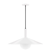 White pendant light with frosted glass globe and wide bell shade