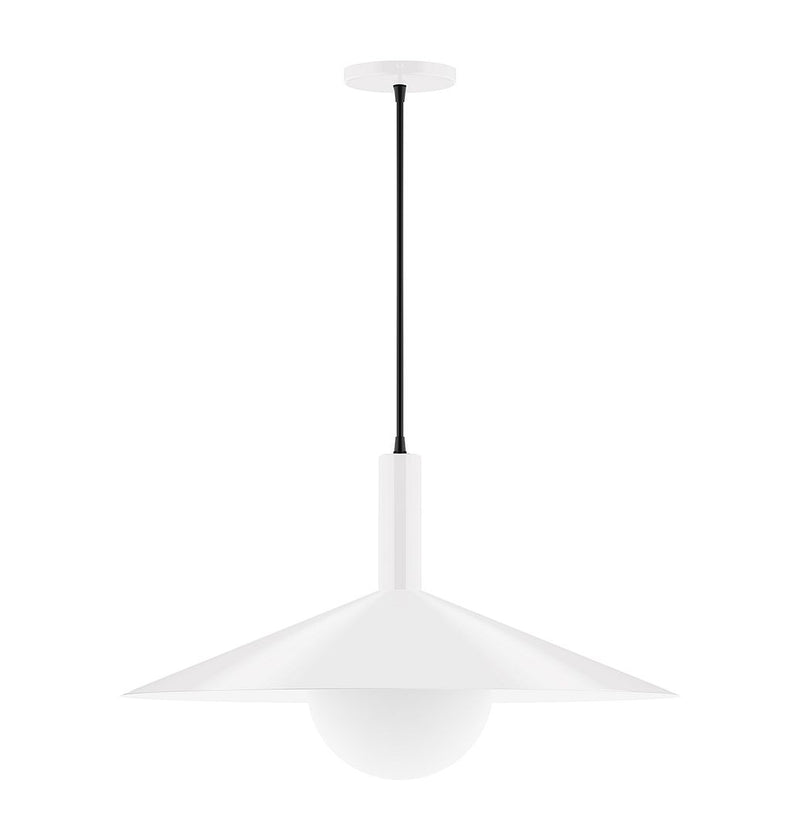 White pendant light with wide metal shade and frosted glass globe, 24 in