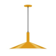 Bright yellow LED pendant with wide dome shade and black hanging cord