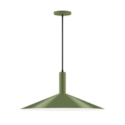 Fern green pendant light with inverted bell shade and dark suspension rod.