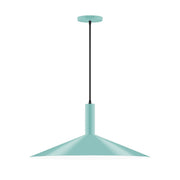 Sea green LED pendant light with metal canopy and bell-shaped shade