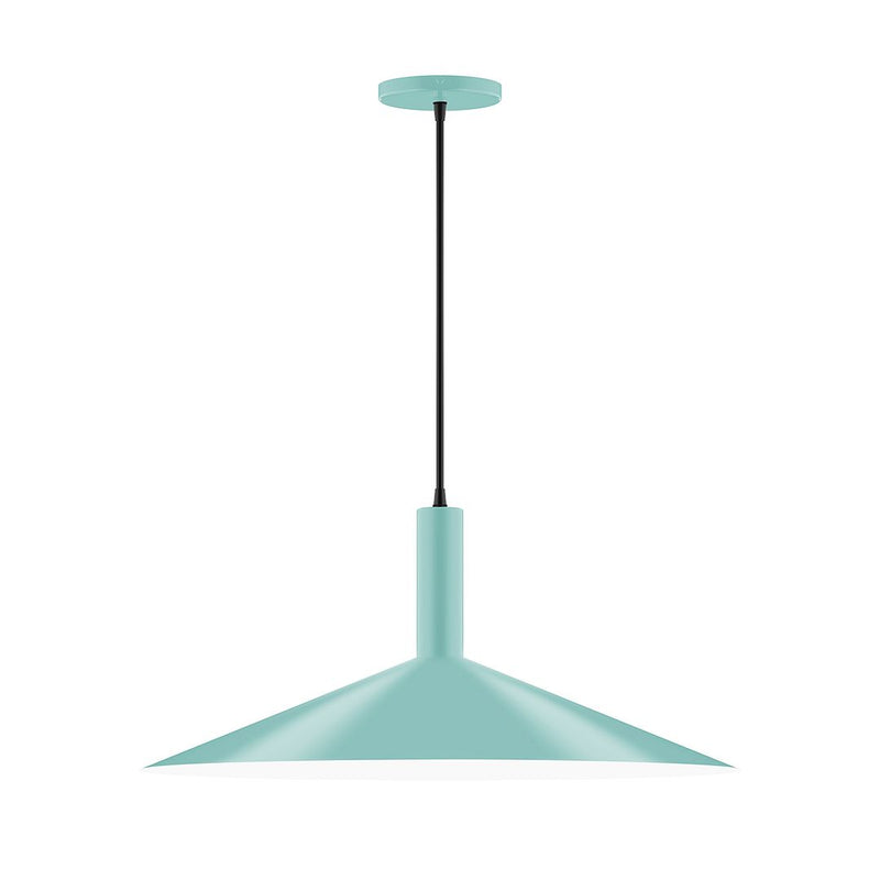 Sea green pendant light with bell shade, black cord, and round ceiling canopy