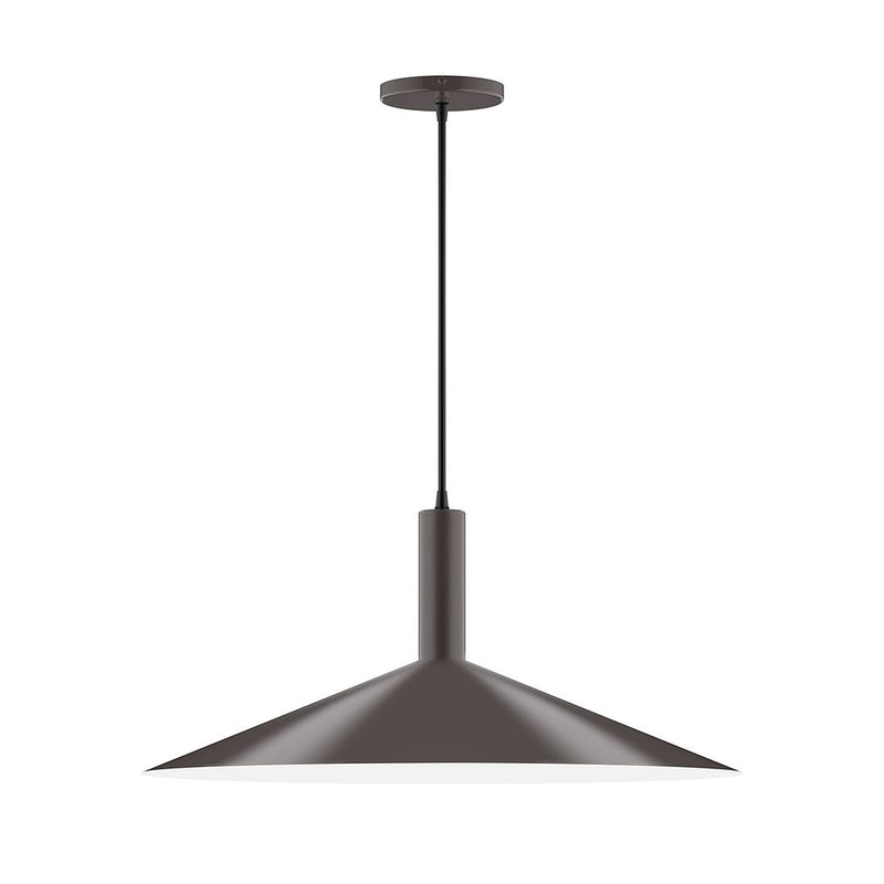 Architectural bronze pendant light with bell-shaped shade and hanging rod