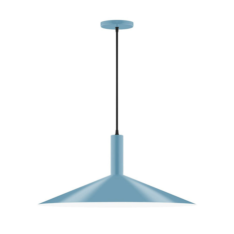 Light blue LED pendant light with cone shade, black cord, and round ceiling canopy.