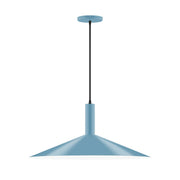 Light blue pendant light with flared shade and black hanging stem