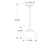 Pendant light diagram with dark bronze top, frosted glass shade, and size measurements