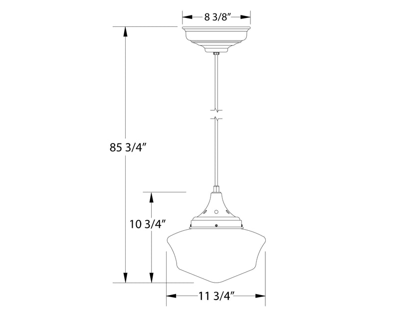 Pendant light diagram with dark bronze top, frosted glass shade, and size measurements