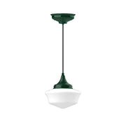 Forest green 12 in pendant light with white glass shade and metal cord