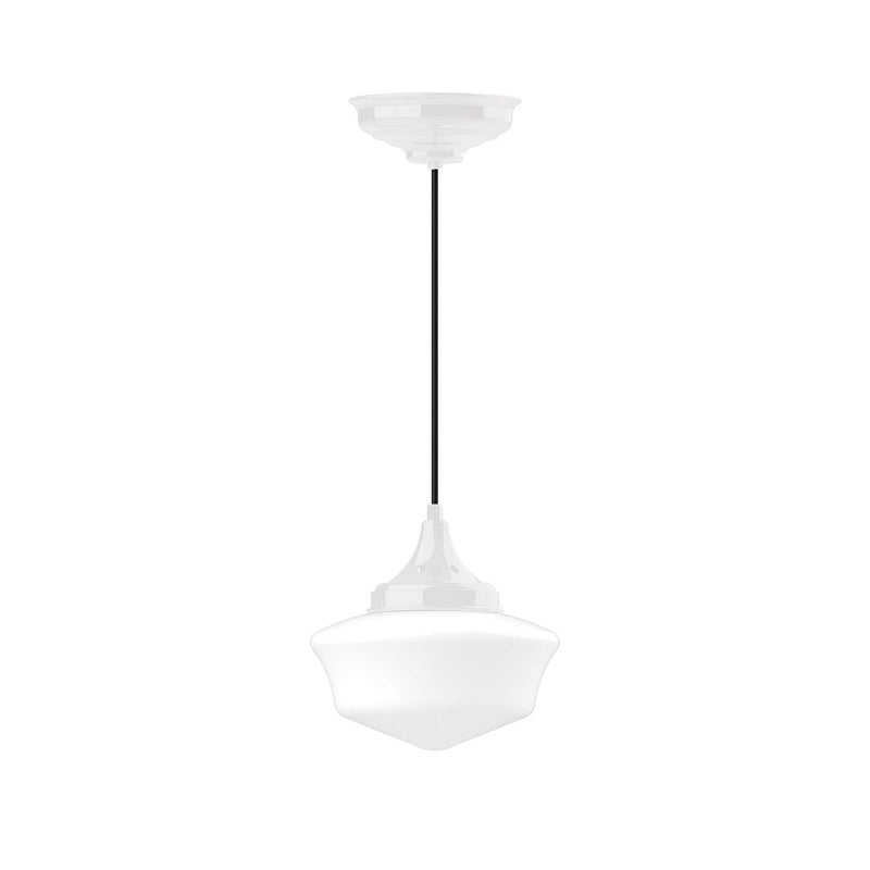 Schoolhouse 12 in pendant light, white inverted bell shade with rod and canopy.