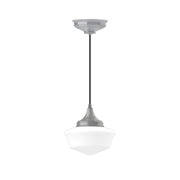 Hanging pendant light with frosted glass shade and painted metal canopy