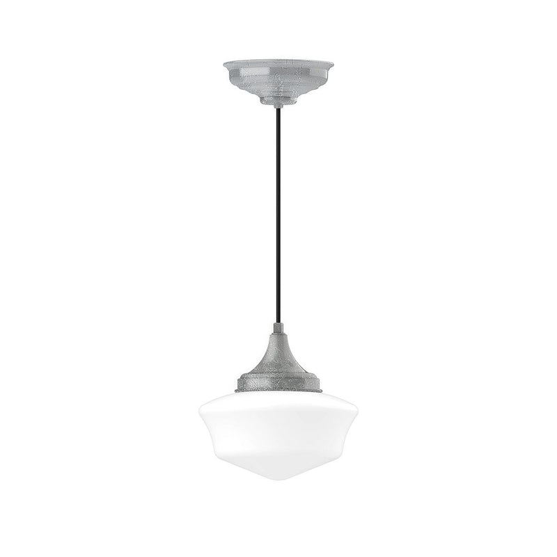 Painted galvanized pendant light with white glass shade and metal canopy